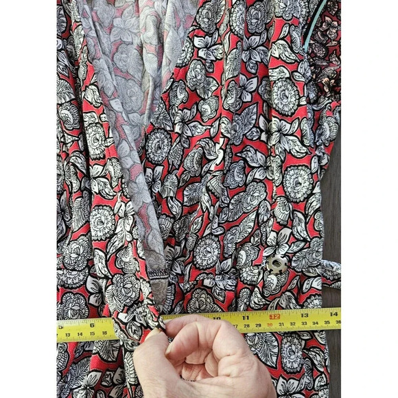 Democracy Red Floral Wrap Tie Wide Leg Jumpsuit S Short Sleeve Boho Festival - Picture 10 of 12